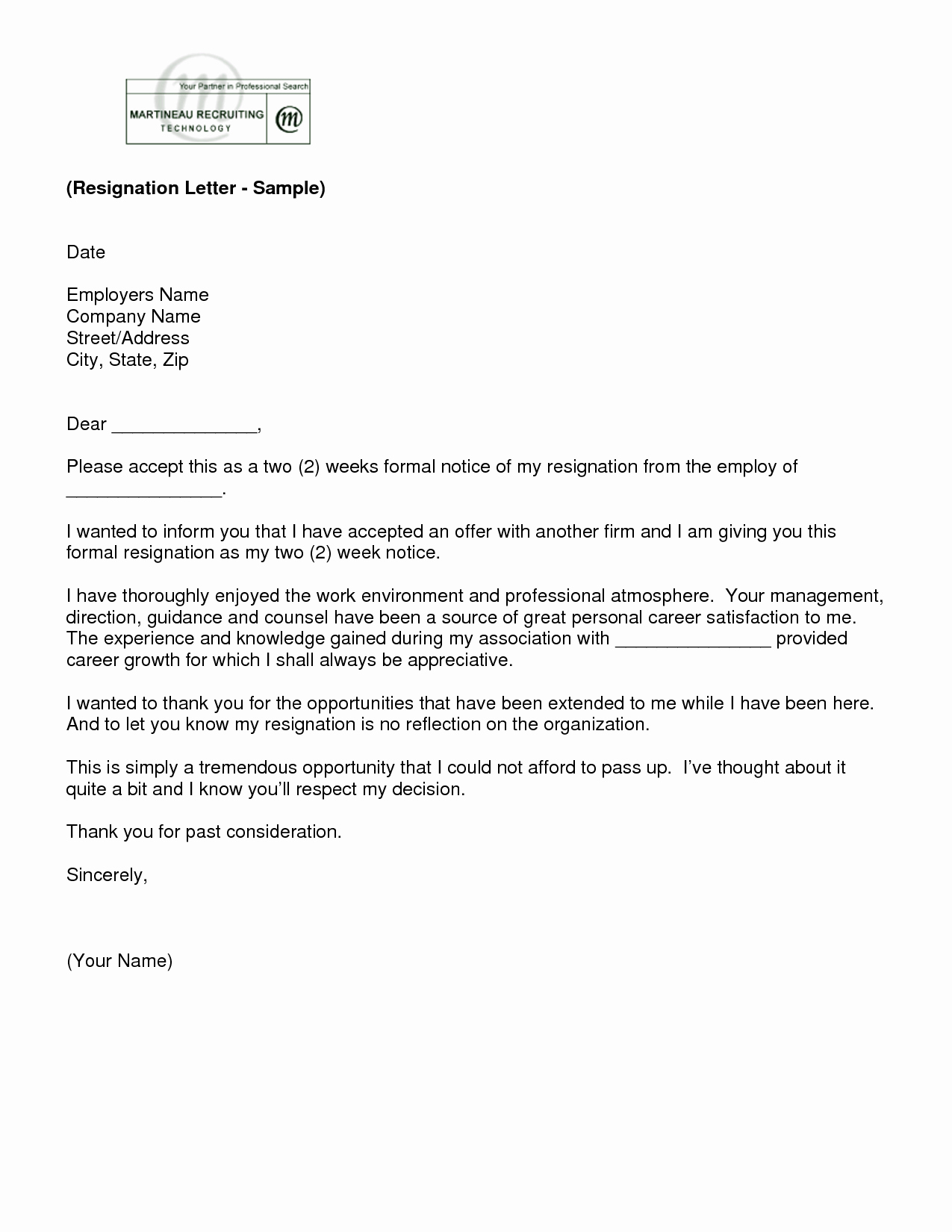 2 Week Notice Template Word Awesome Letter Of Resignation 2 Weeks Notice Template