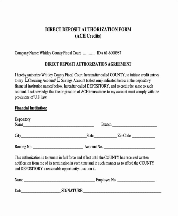 Ach Deposit Authorization form Template Awesome Free 10 Sample Direct Deposit forms