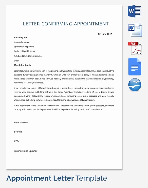 Appointment Confirmation Email Template Beautiful 25 Appointment Letter Templates Free Sample Example