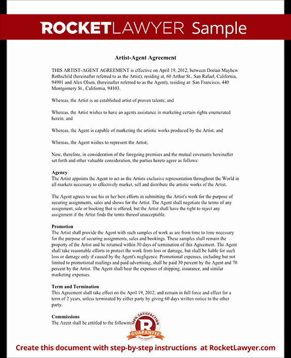 Artist Commission Contract Template Beautiful Artist Agent Agreement form Artist Agency Agreement Sample
