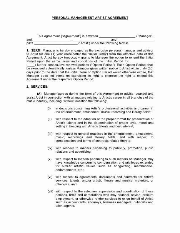 Artist Management Contract Template Pdf Lovely Artist Management Contract Agreement Useful Artist Manager
