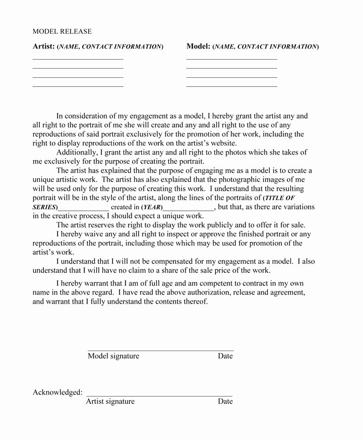 Artwork Release form Template Luxury Model Contract Free Printable Documents
