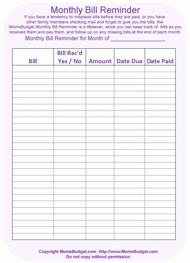 Bill organizer Template Excel Inspirational Monthly Bill Reminder Free Printable Worksheet From