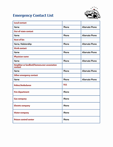 emergency contact list templates