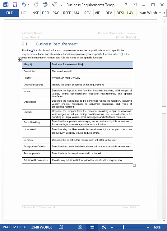 Business Requirements Document Template Excel Lovely Business Requirements Specification Template Ms Word
