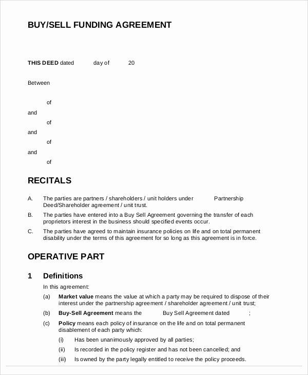 Buy Sell Agreement Template Inspirational Funding Agreement Template 10 Free Word Pdf Google