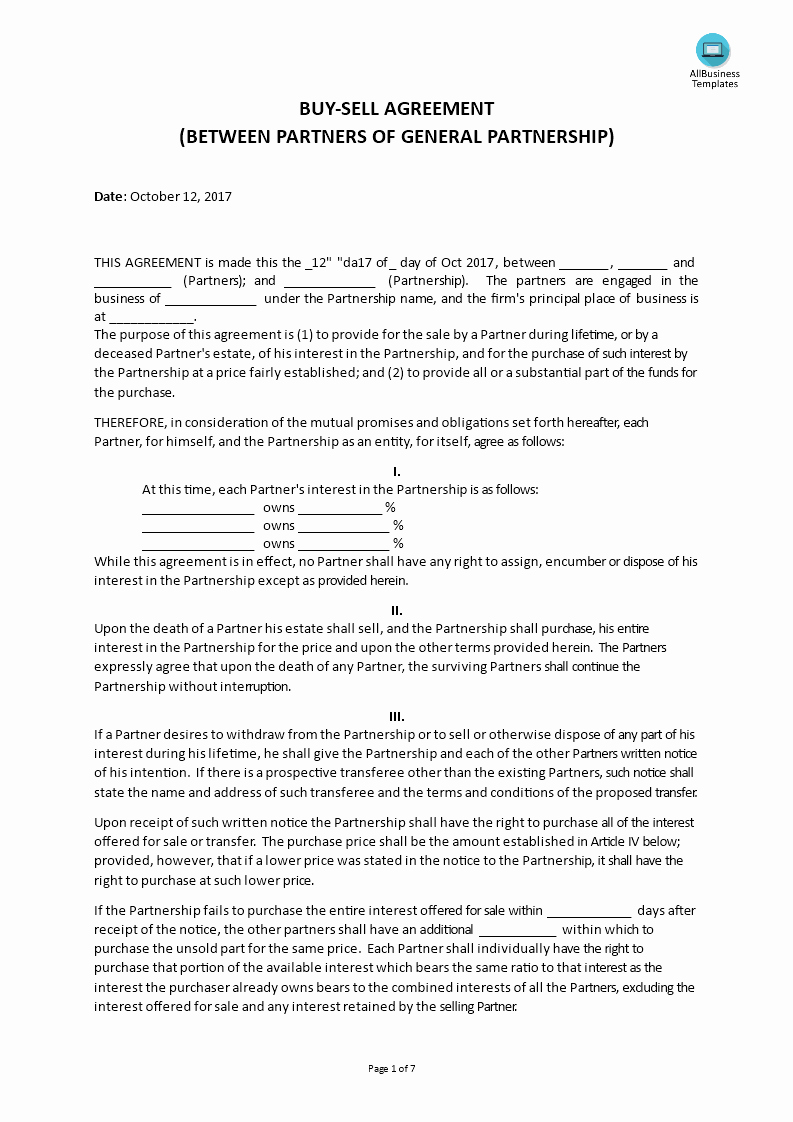 Buy Sell Agreement Template New Partnership Buy Sell Agreement form