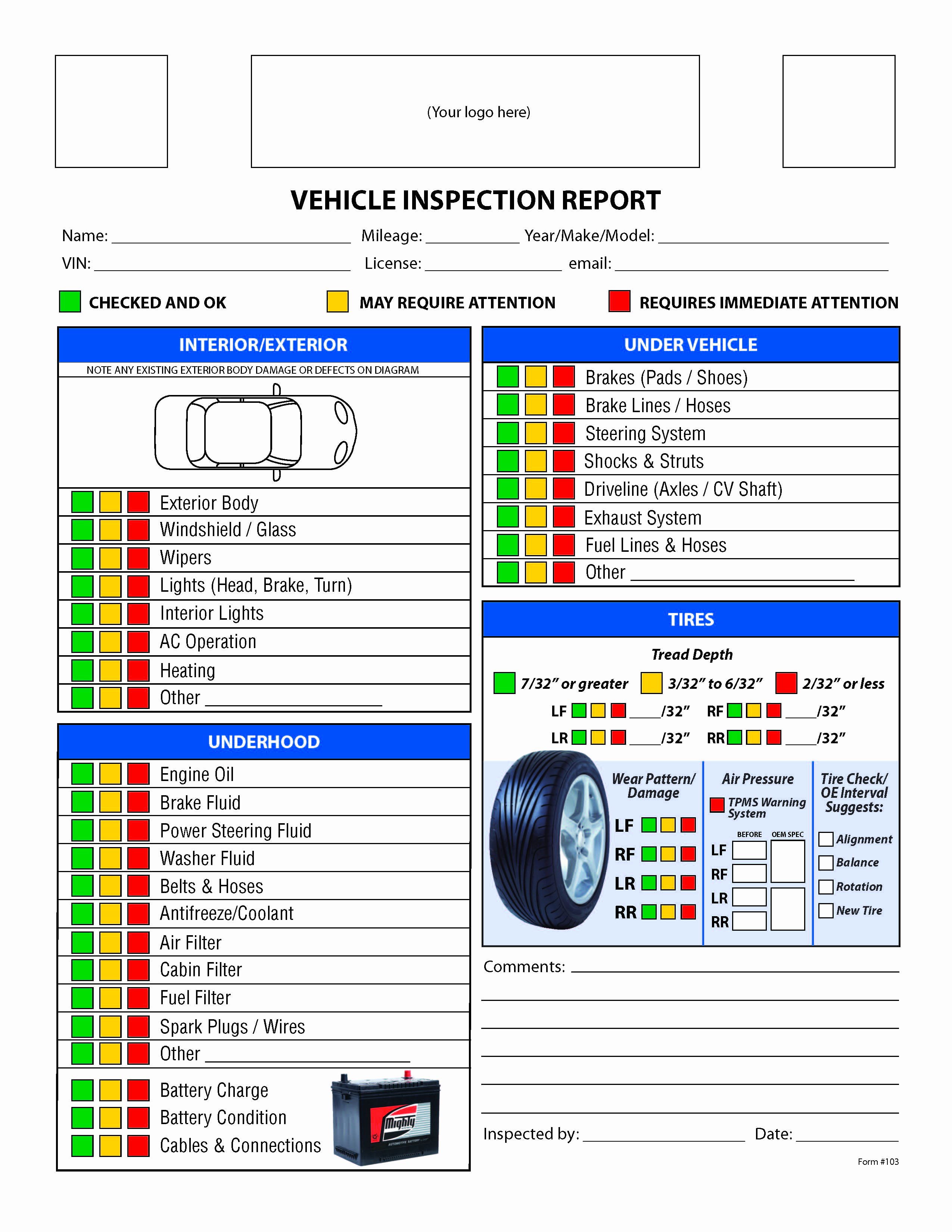 Car Inspection Checklist Template Elegant Free Vehicle Inspection Checklist form