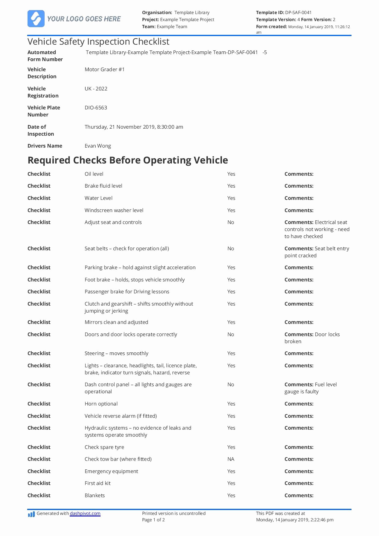 Car Inspection Checklist Template New Vehicle Safety Inspection Checklist Template Free and
