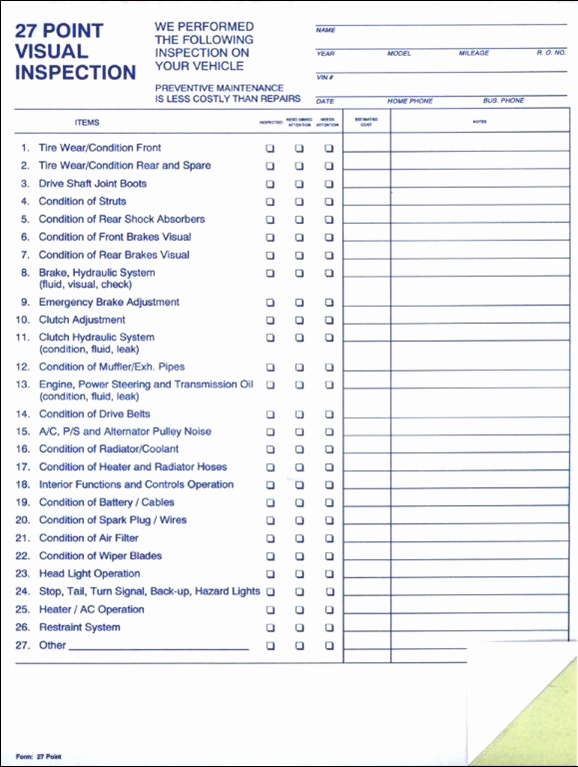 Car Inspection Checklist Template Unique Generic 27 Point Vehicle Inspection forms