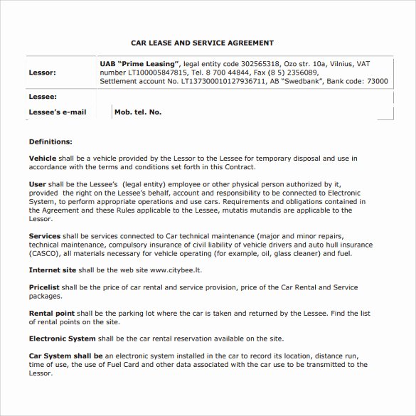 Car Lease Agreement Templates New Sample Vehicle Lease Agreement Template 14 Free