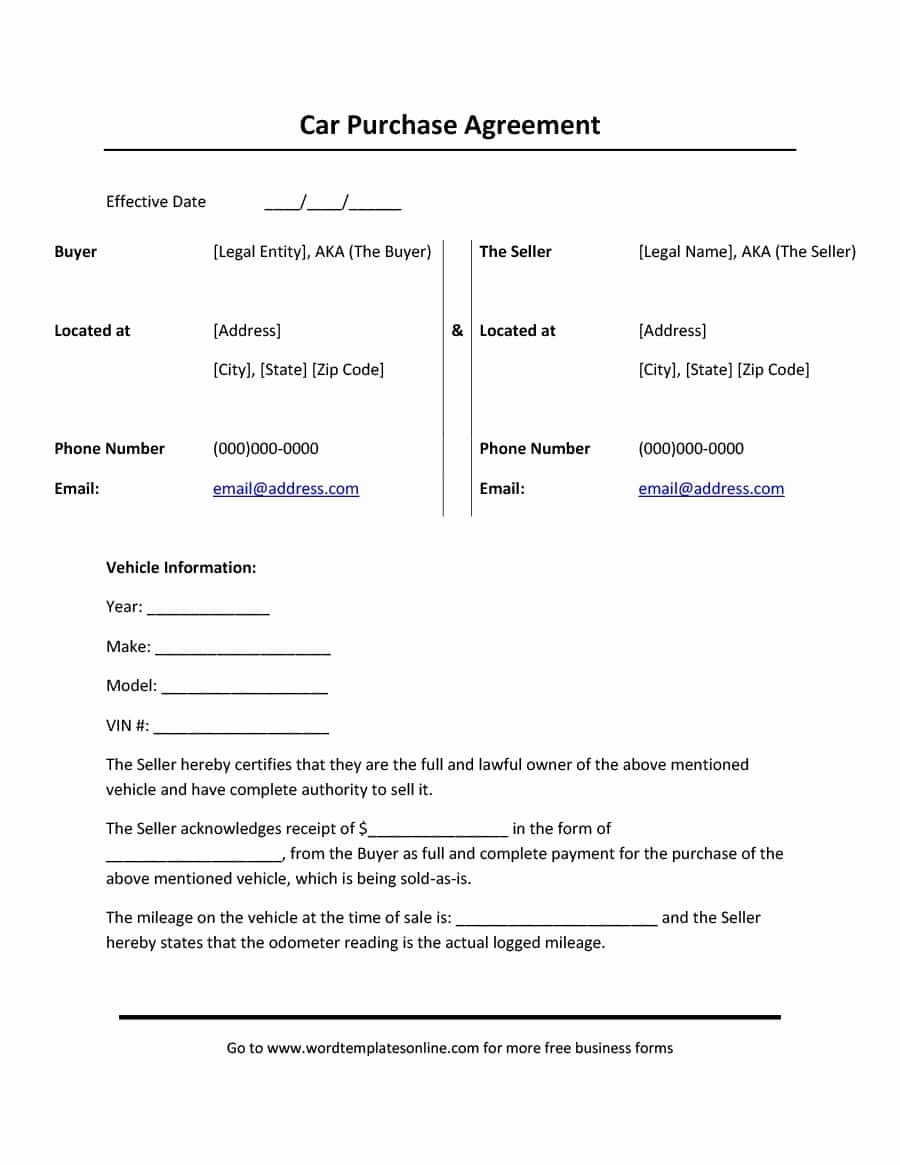 Car Purchase Agreement Template Fresh 42 Printable Vehicle Purchase Agreement Templates