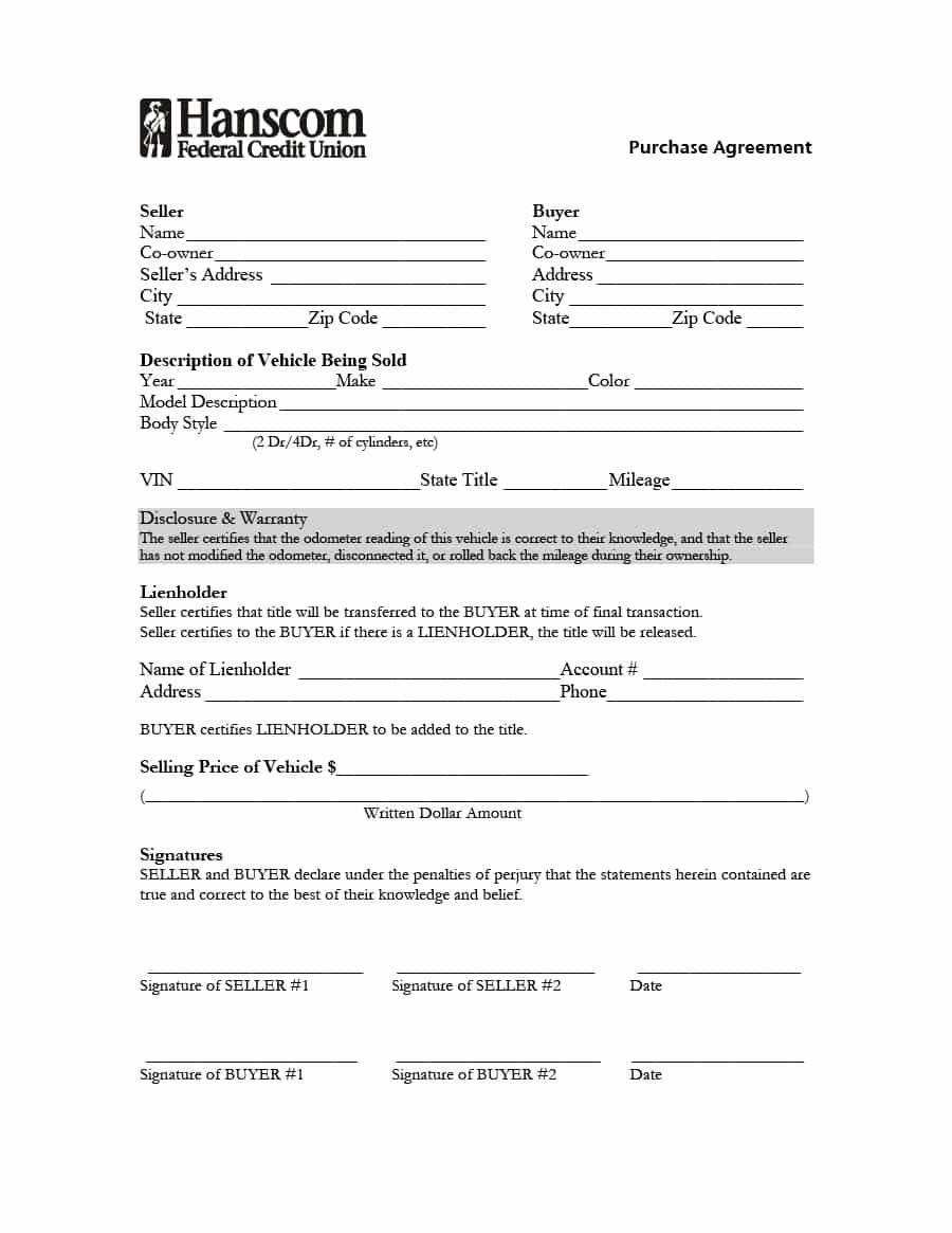 Car Purchase Agreement Template Inspirational 42 Printable Vehicle Purchase Agreement Templates