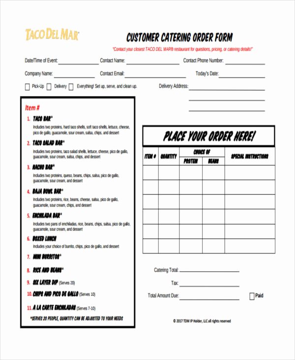 Catering order forms Template Fresh 8 Catering order form Free Sample Example format Download
