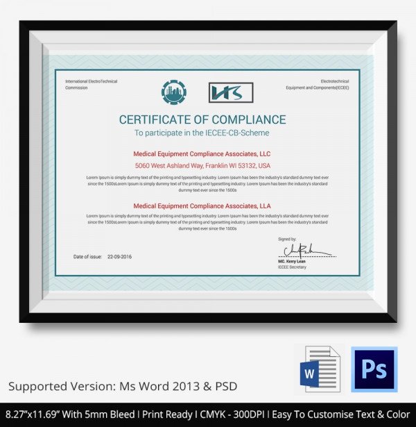 Certificate Of Compliance Template Best Of Certificate Of Pliance Template – 12 Word Pdf Psd