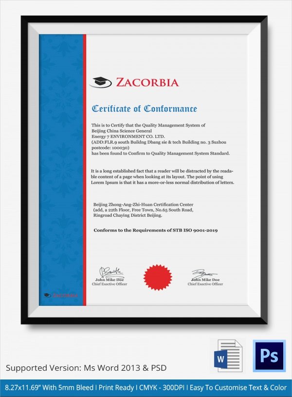Certificate Of Conformance Template Lovely Sample Certificate Of Conformance 19 Documents In Pdf