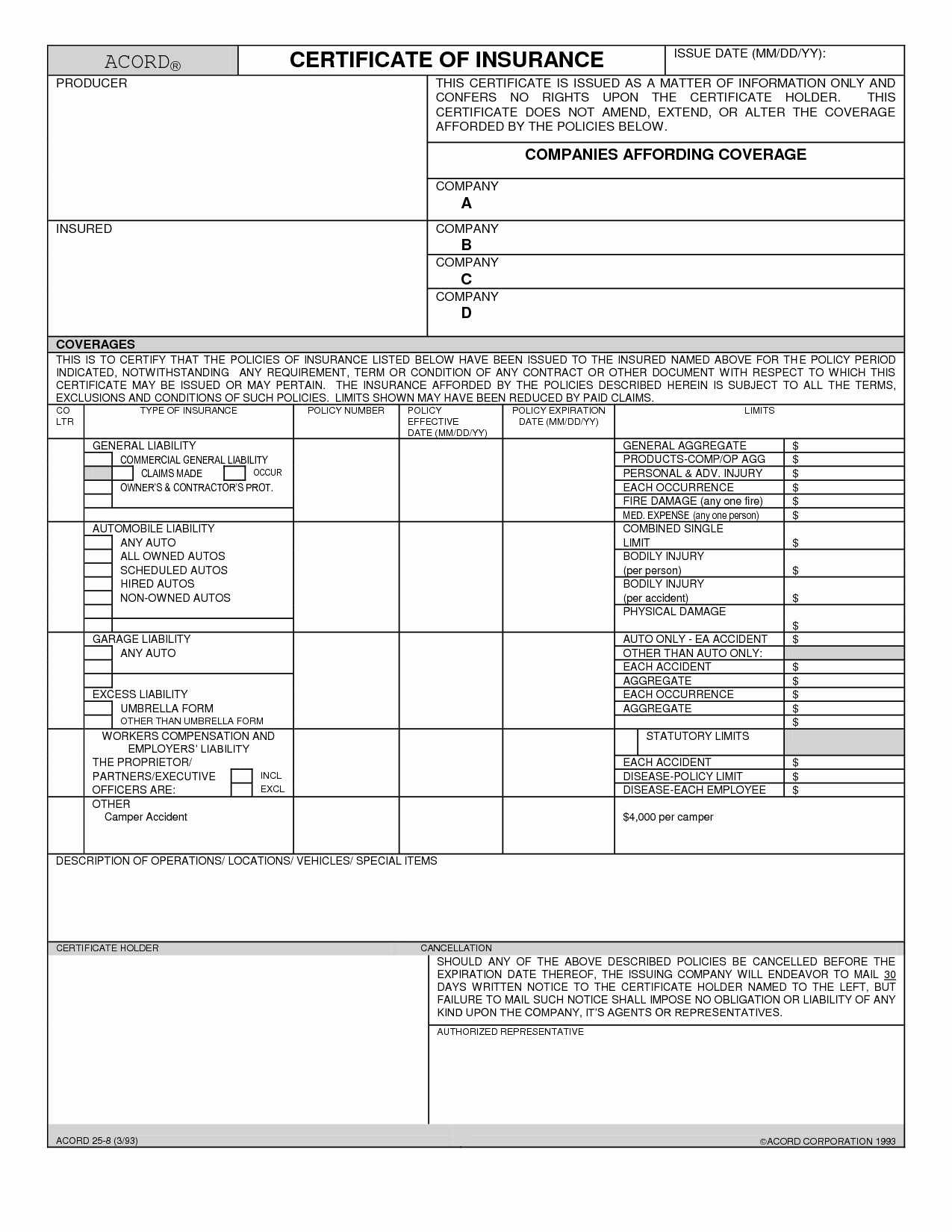 Certificate Of Insurance Template Beautiful Blank Acord Certificate Insurance