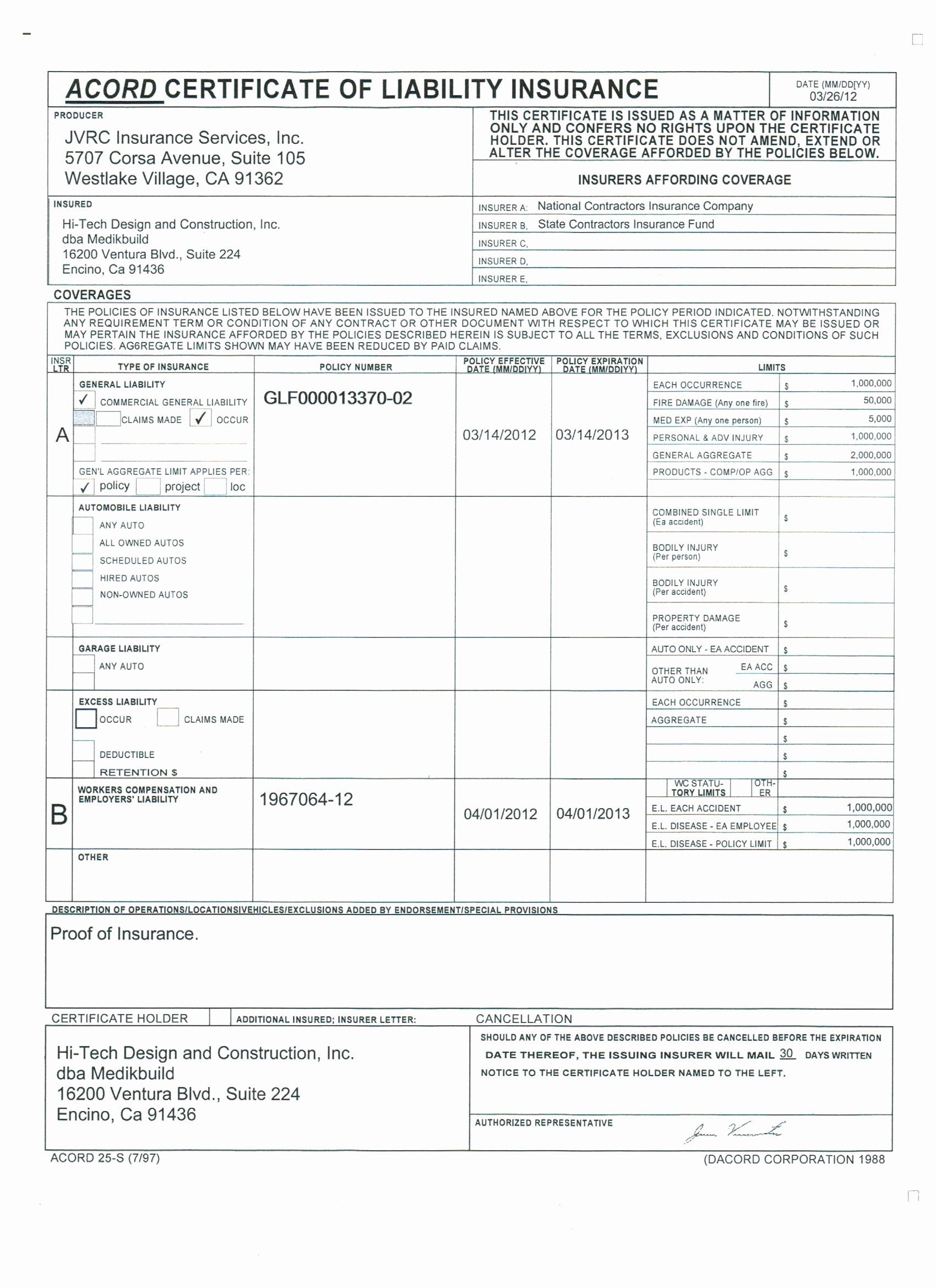 Certificate Of Insurance Template New Acord 35 Printable