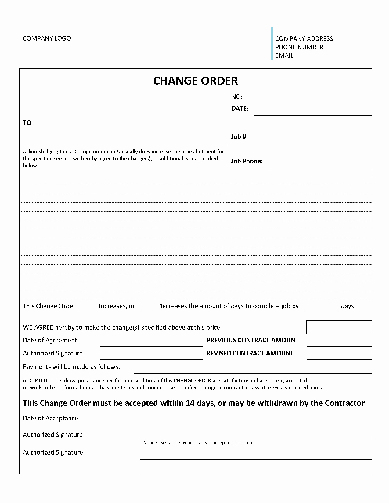 Change order forms Template Inspirational Change order form Template
