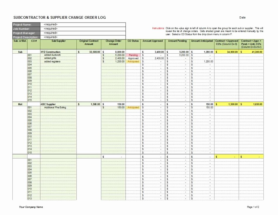 Change order Template Excel Luxury Subcontractor Supplier Change order Log 1 Cms