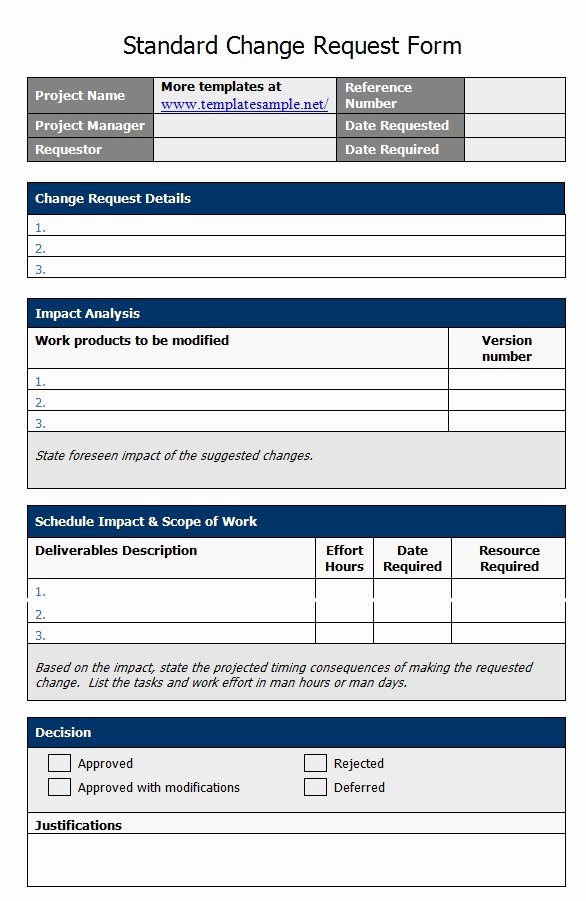 Change Request forms Templates Luxury Standard Change Request form Template Sample