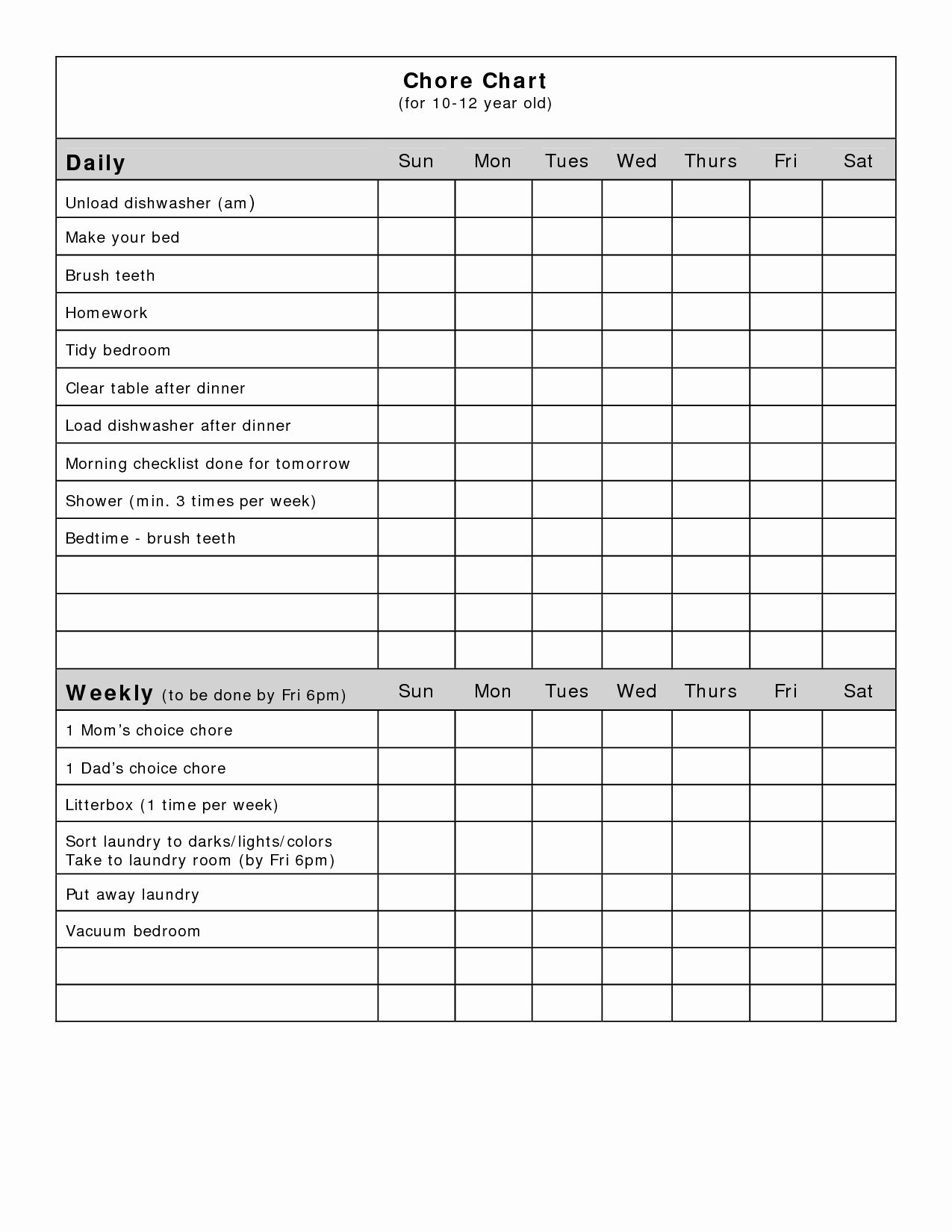 Chore Chart Template Excel Awesome Free Blank Chore Charts Templates