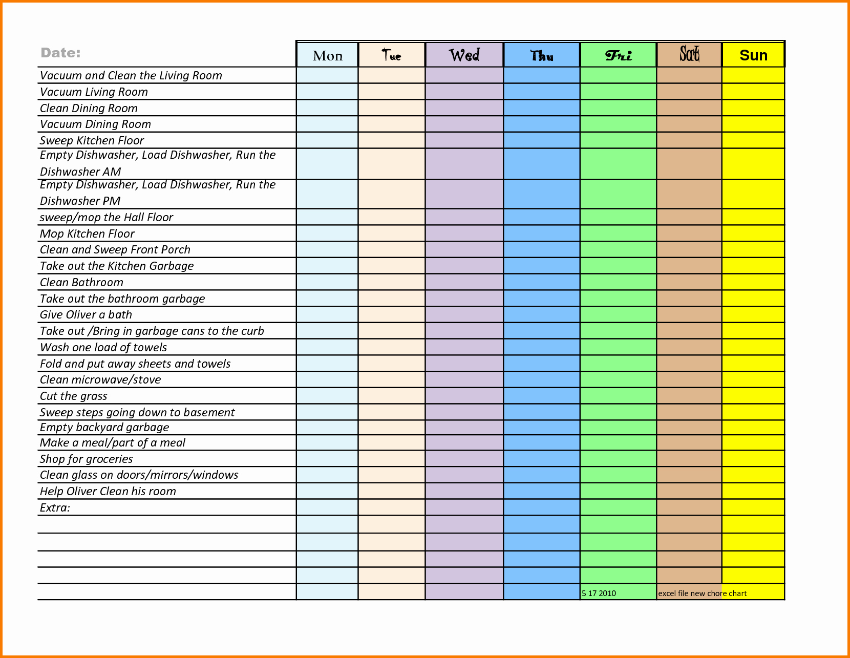 Chore Chart Template Excel Fresh Excel Chore Chart
