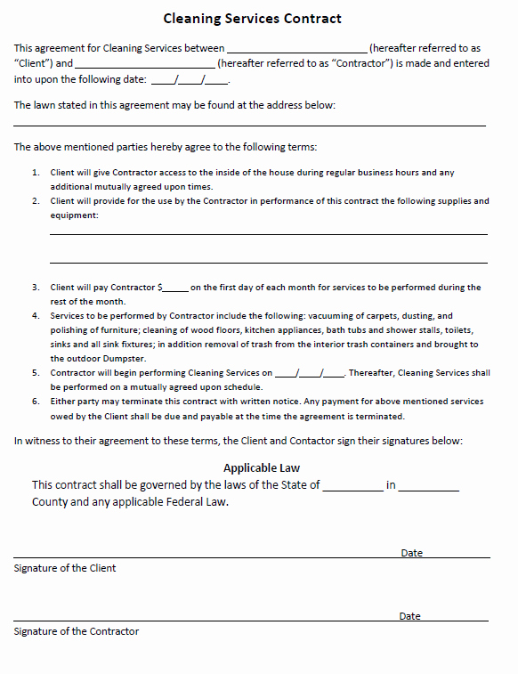 Cleaning Service Agreement Template Awesome Free Printable Cleaning Services Agreement Printable