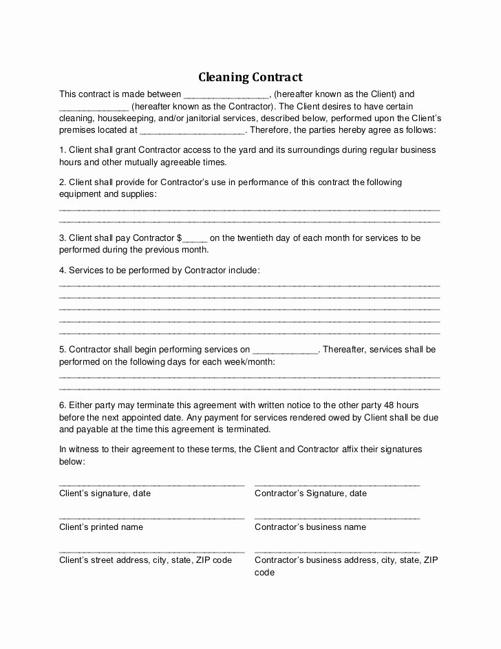 Cleaning Service Agreement Template New Cleaning Contract