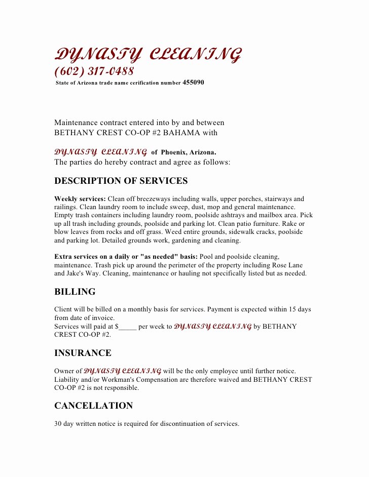 Cleaning Service Contract Template Elegant Free Printable Cleaning Contract Template form Generic