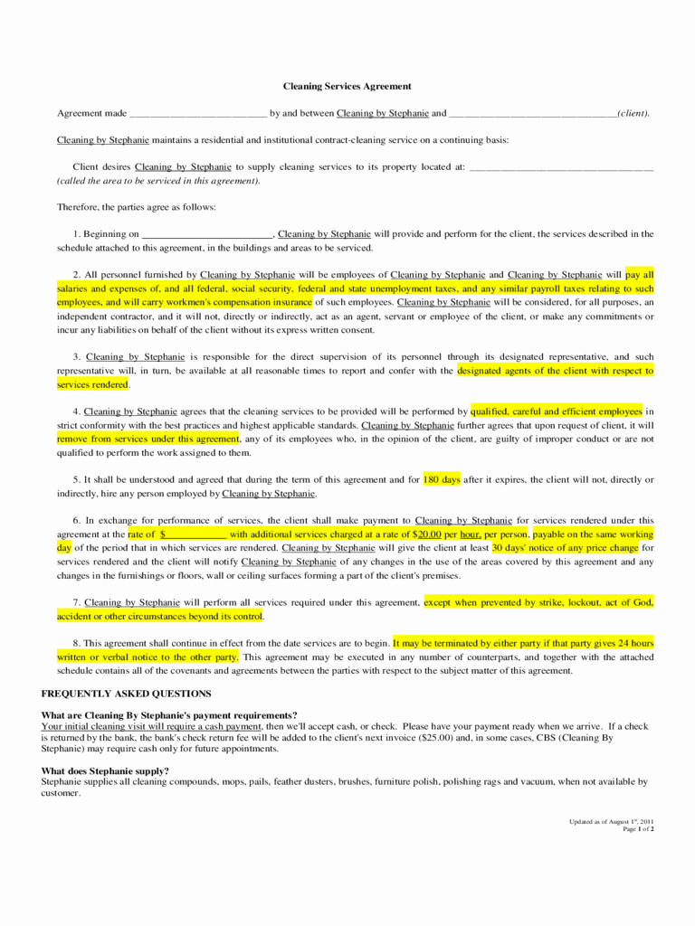 Cleaning Service Contract Template Unique Cleaning Contract Template 3 Free Templates In Pdf Word