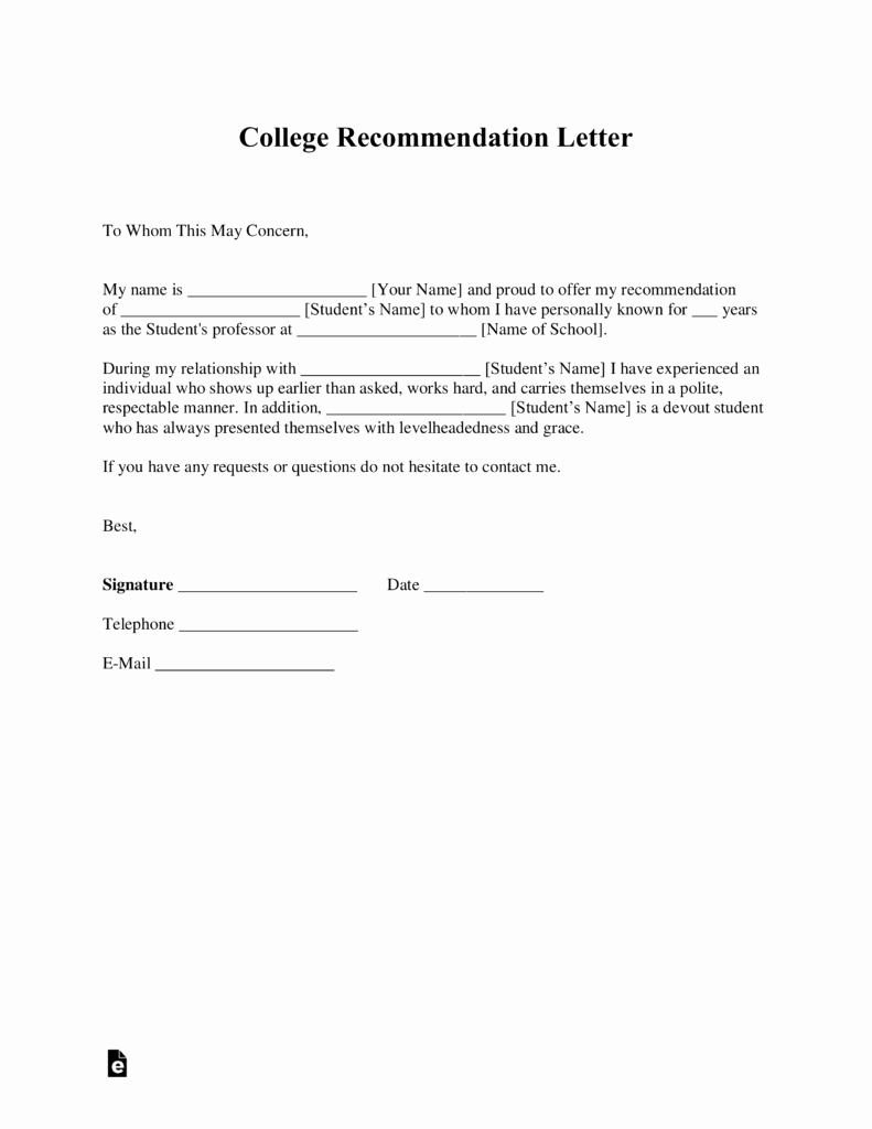 College Letter Of Recommendation Template Beautiful Free College Re Mendation Letter Template with Samples