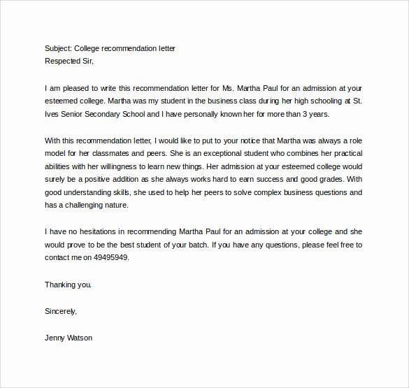 College Letter Of Recommendation Template Luxury Free 20 College Re Mendation Letters In Pdf