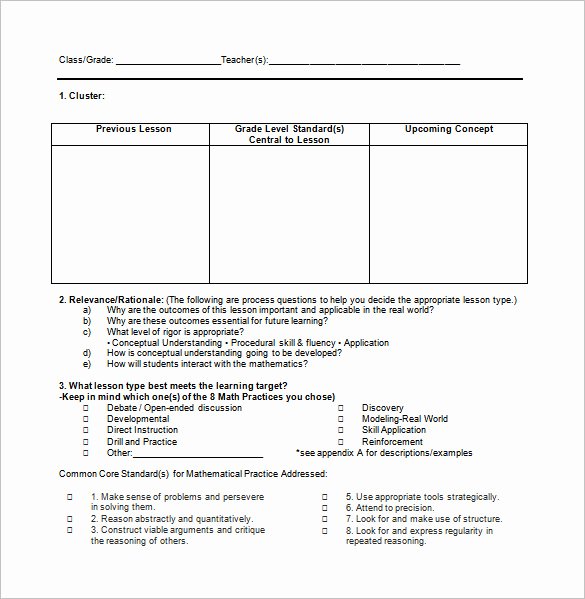 Common Core Lesson Plan Template Lovely Mon Core Lesson Plan Template 8 Free Word Excel