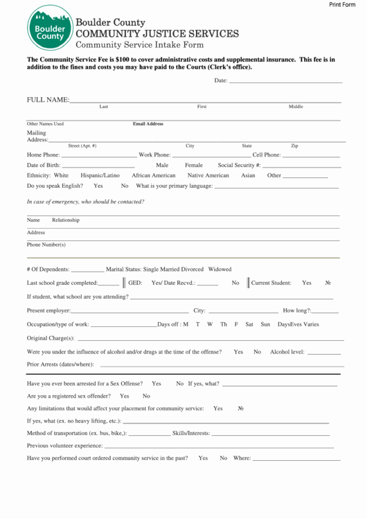 Community Service form Template Pdf Best Of Fillable Munity Services Intake form Boulder County