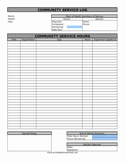 Community Service form Template Pdf Unique Munity Service Timesheet Printable Time Sheets Free to