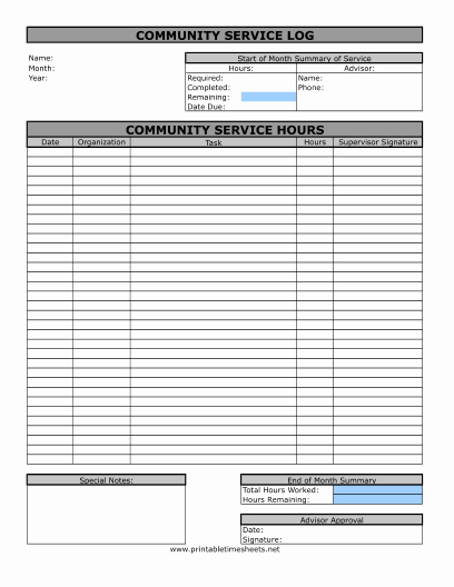 Community Service forms Templates Unique Munity Service Timesheet Printable Time Sheet
