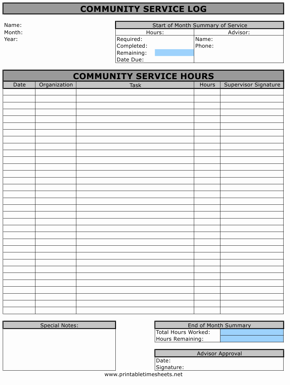 Community Service Timesheet Template Elegant Simple Hours Horizontal Munity Service Timesheet