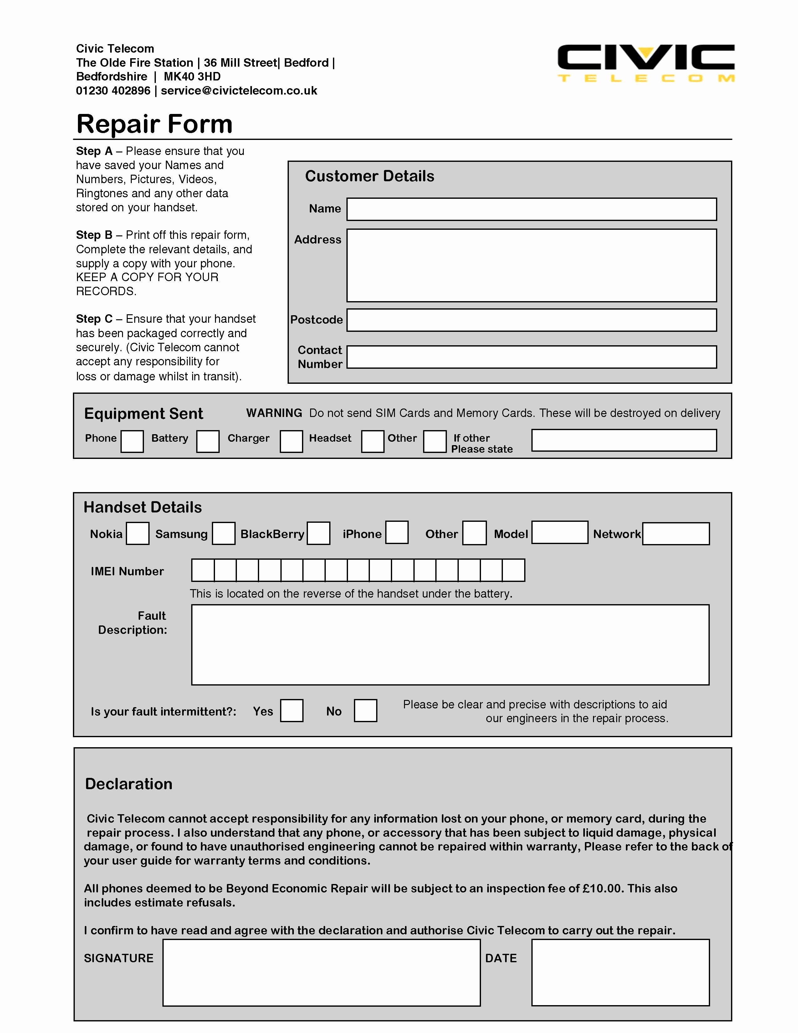 Computer Repair forms Template Unique Puter Repair forms Free Printable Documents