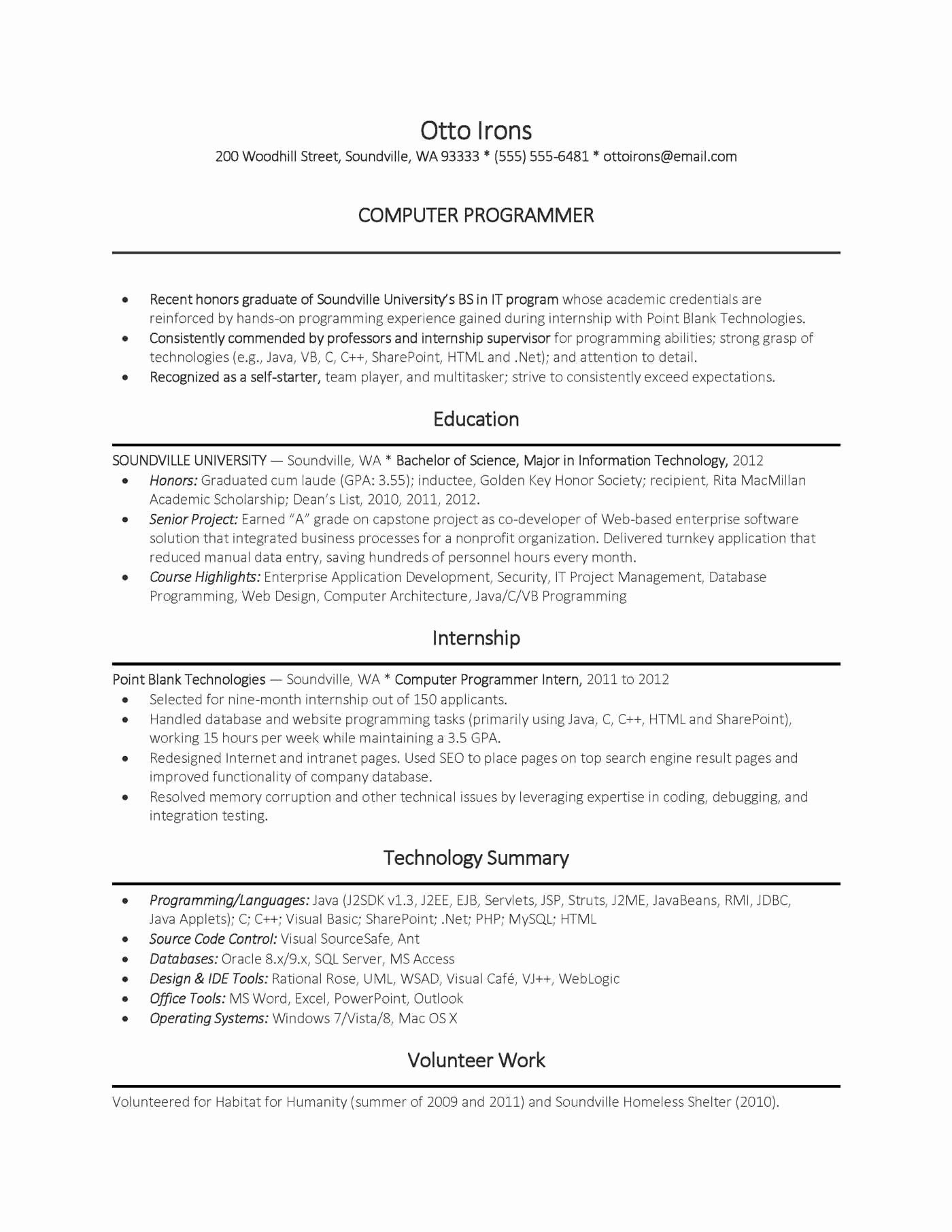 Computer Science Resume Templates Beautiful Entry Level Puter Programmer Resume Resume Ideas