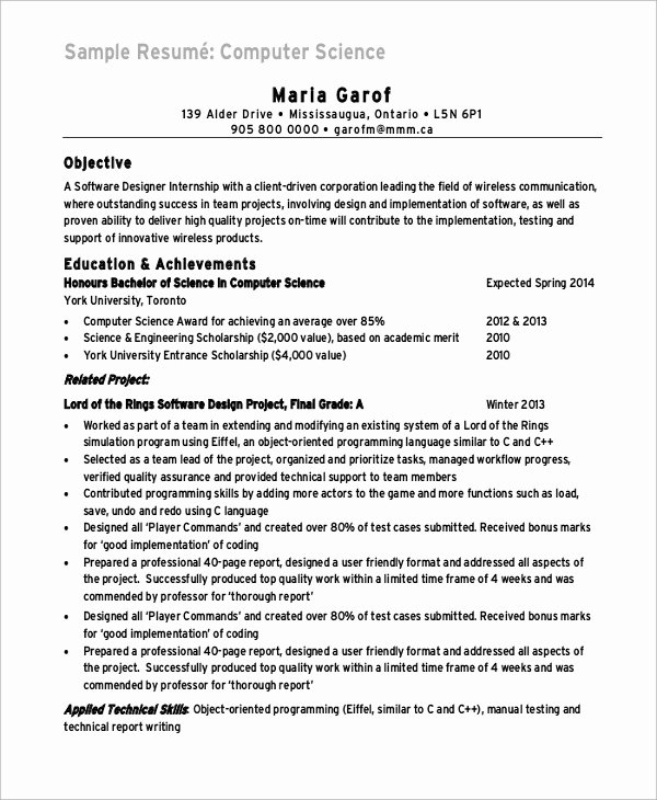 Computer Science Resume Templates Inspirational Sample Puter Science Resume 8 Examples In Word Pdf