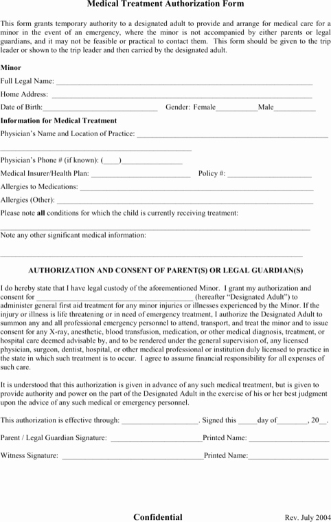 Consent to Treat form Template Fresh Authorization for Minor S Medical Treatment