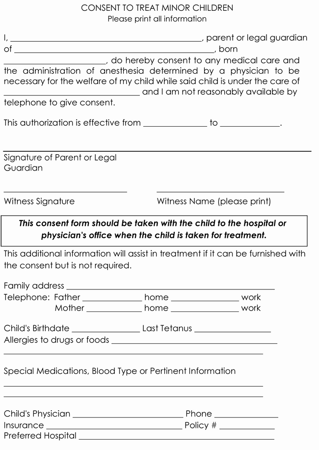 Consent to Treat form Template Fresh Child Medical Consent form Templates 6 Samples for Word