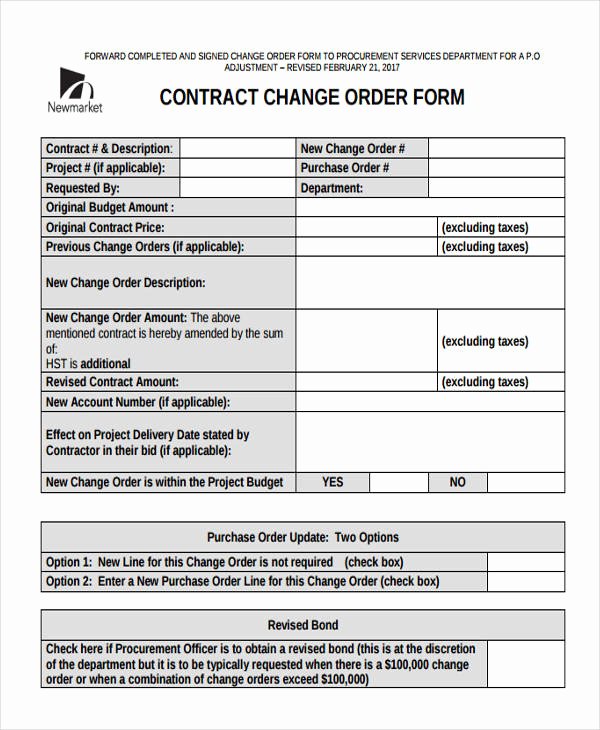 Construction Change order Template Excel Awesome Free 9 Change order form In Sample Example format