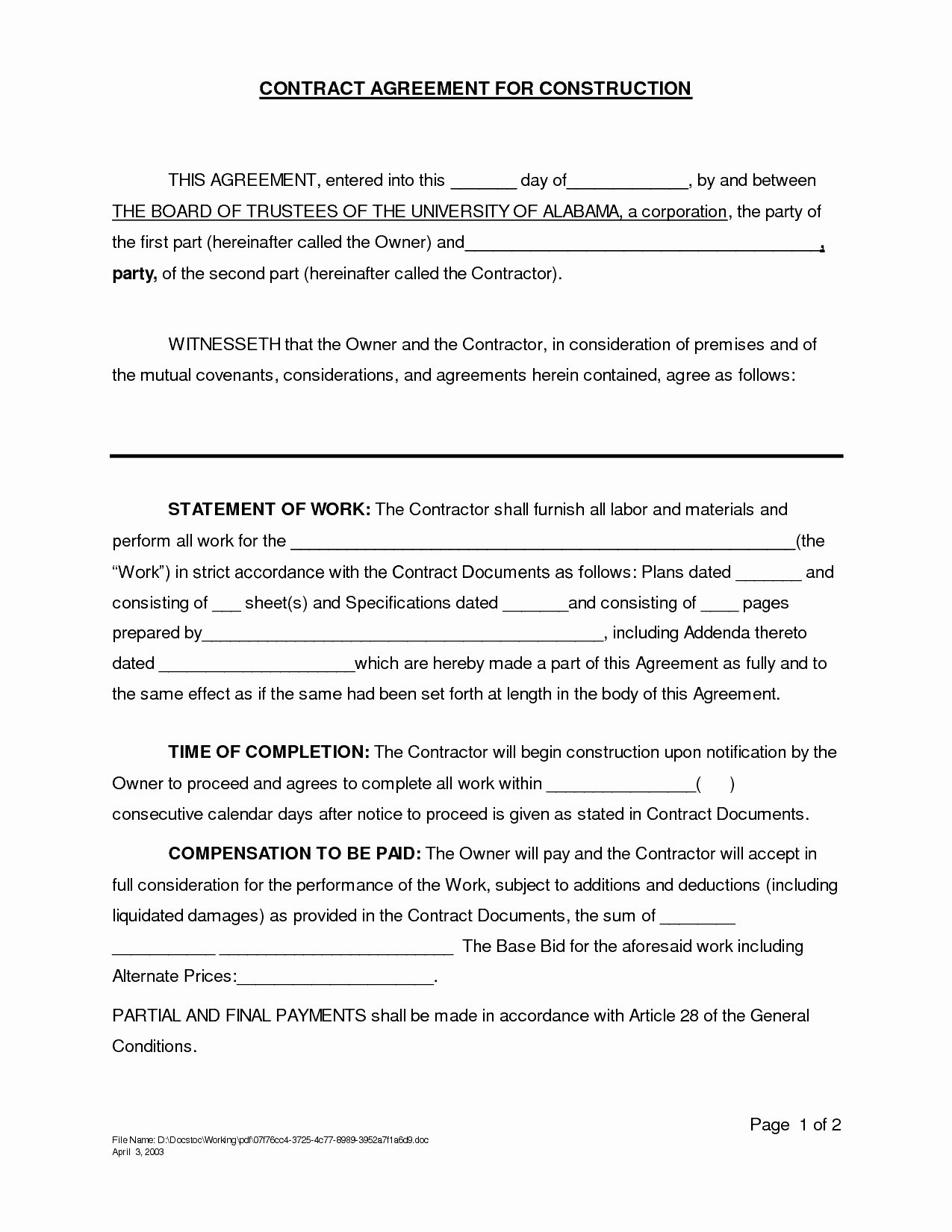 Construction Contract Template Word New top 5 formats Construction Agreement Templates Word