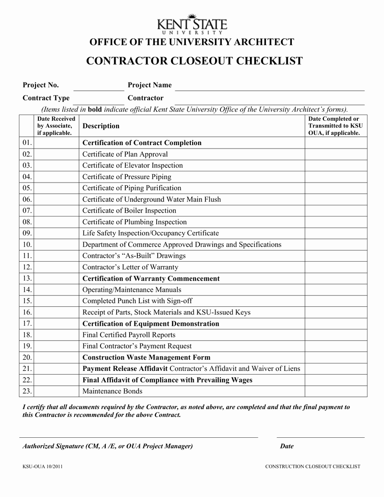 Construction Project Closeout Template Inspirational Contractor Closeout Checklist Office Of