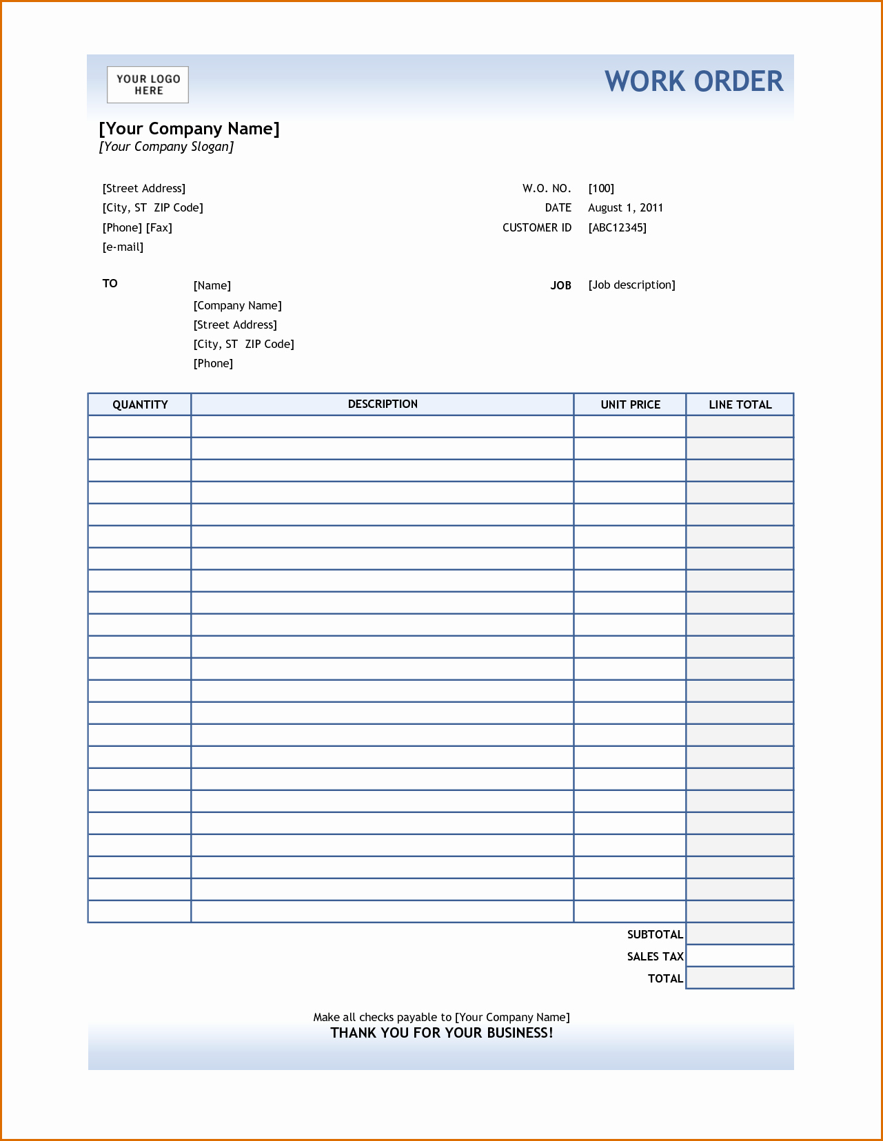 Construction Work order Template Fresh 8 order forms Template