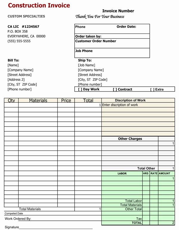Construction Work order Template Lovely Construction Invoice Template