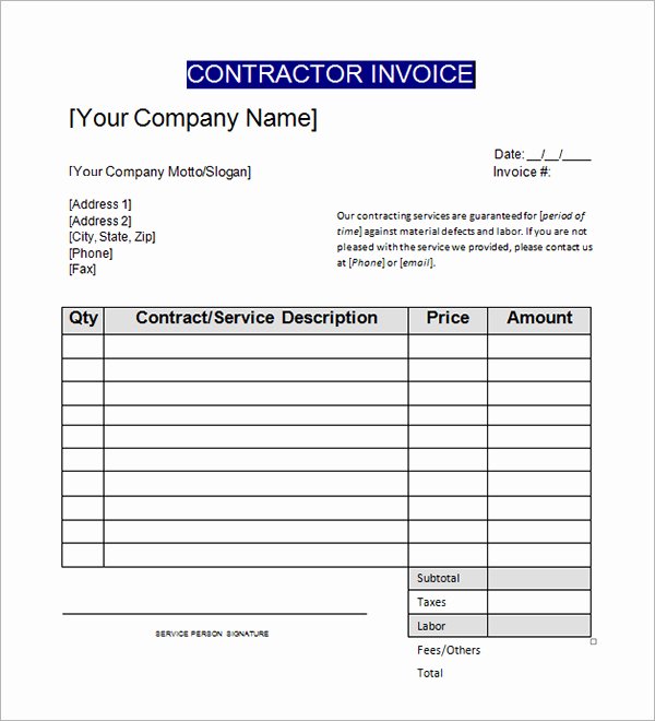 Contractor Invoice Template Excel Elegant Contractor Invoice Template