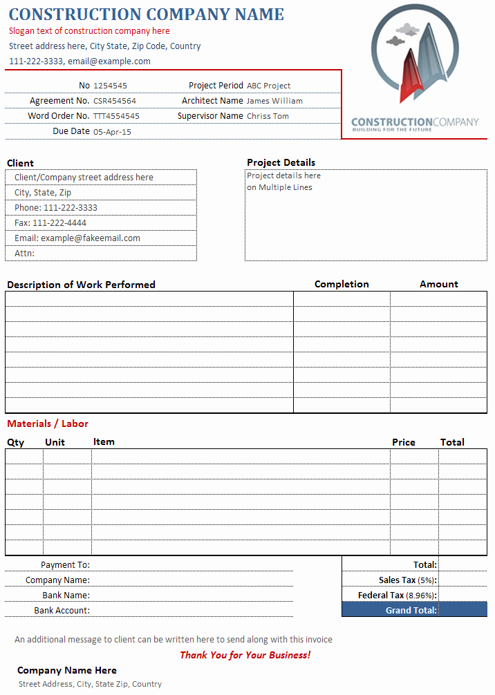 Contractor Invoice Template Word Awesome Construction Contractor Invoice Template
